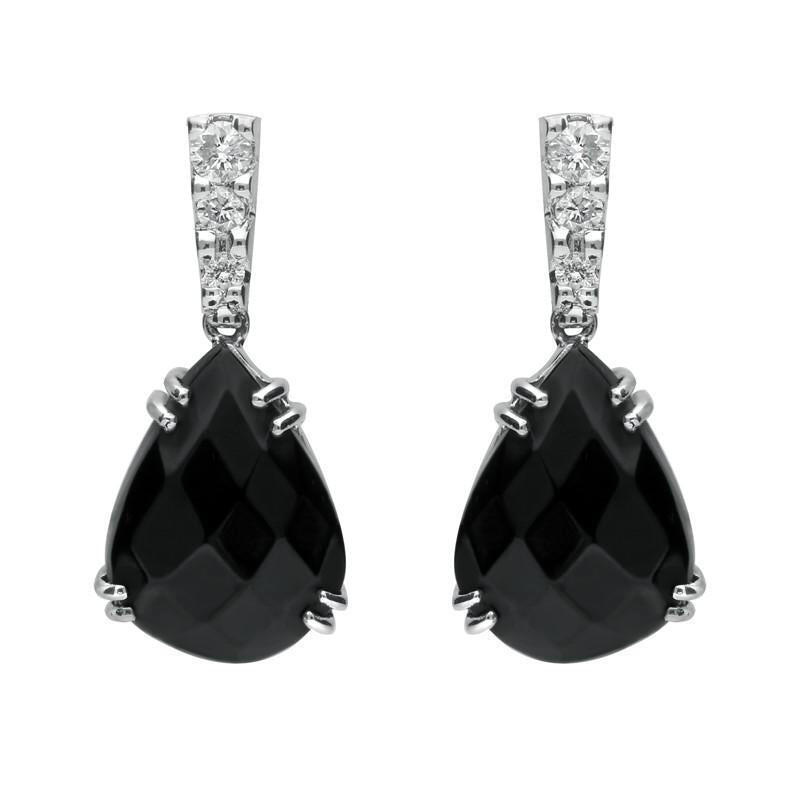 18ct White Gold Whitby Jet 0.19ct Diamond Faceted Pear Drop Earrings - Default Title / White Gold