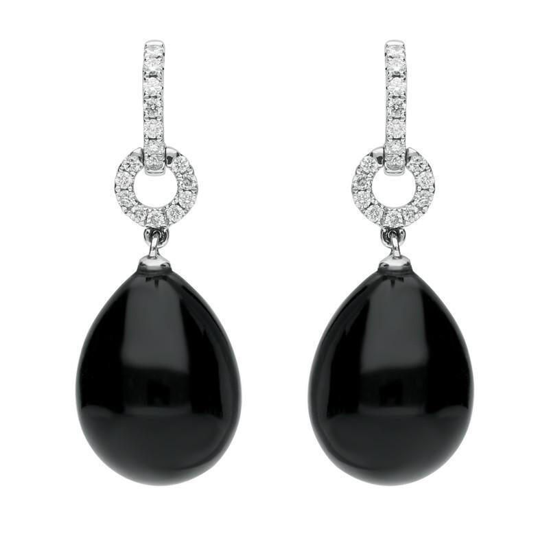 18ct White Gold Whitby Jet 0.22ct Diamond Round Drop Earrings - Default Title / White Gold