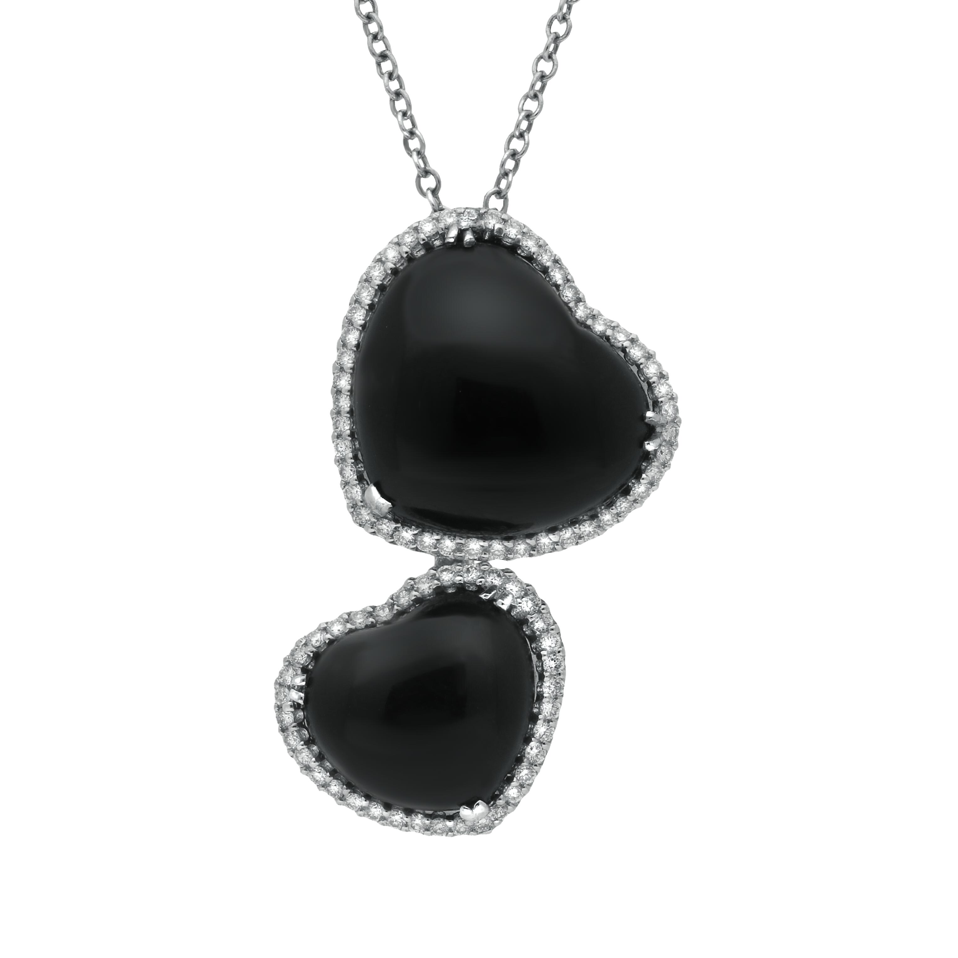 18ct White Gold Whitby Jet 0.53ct Diamond Double Heart Necklace - Default Title / White Gold