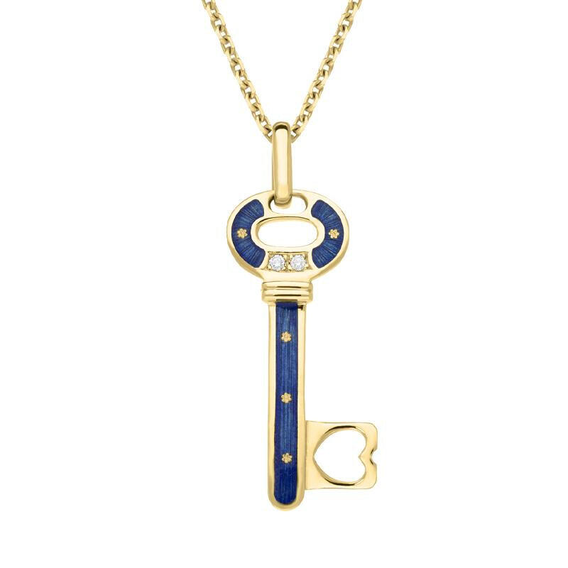 18ct Yellow Gold Diamond Blue Enamel Key Necklace - Default Title / Yellow Gold