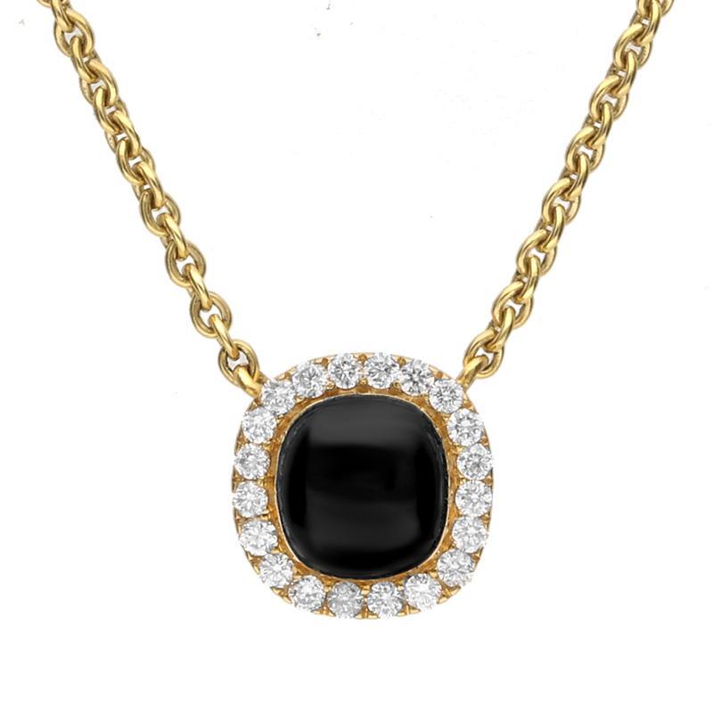 18ct Yellow Gold Whitby Jet 0.14ct Diamond Cushion Shaped Necklace - Default Title / Yellow Gold