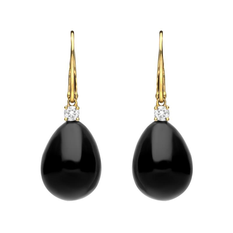 18ct Yellow Gold Whitby Jet 0.20ct Diamond Lever Back Pear Drop Earrings