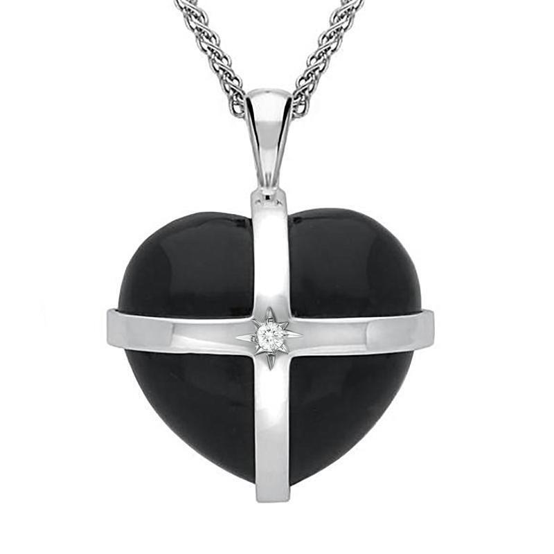 18ct White Gold Whitby Jet Diamond Large Cross Heart Necklace - Option1 Value / White Gold