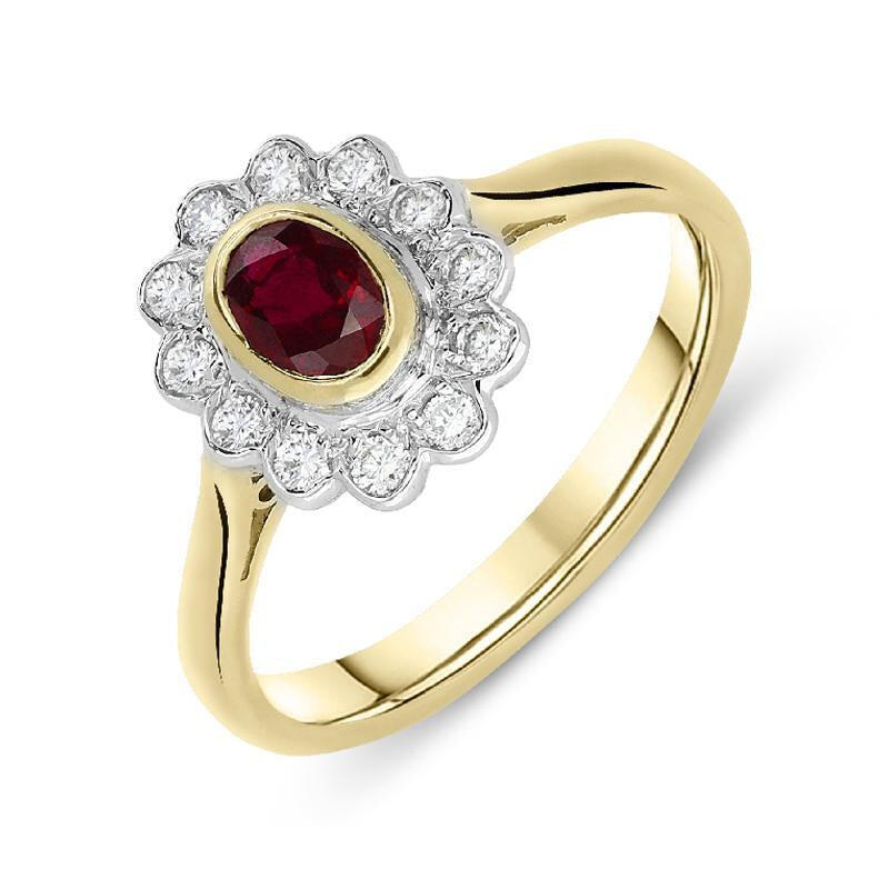 18ct Yellow Gold Ruby Diamond Floral Cluster Ring
