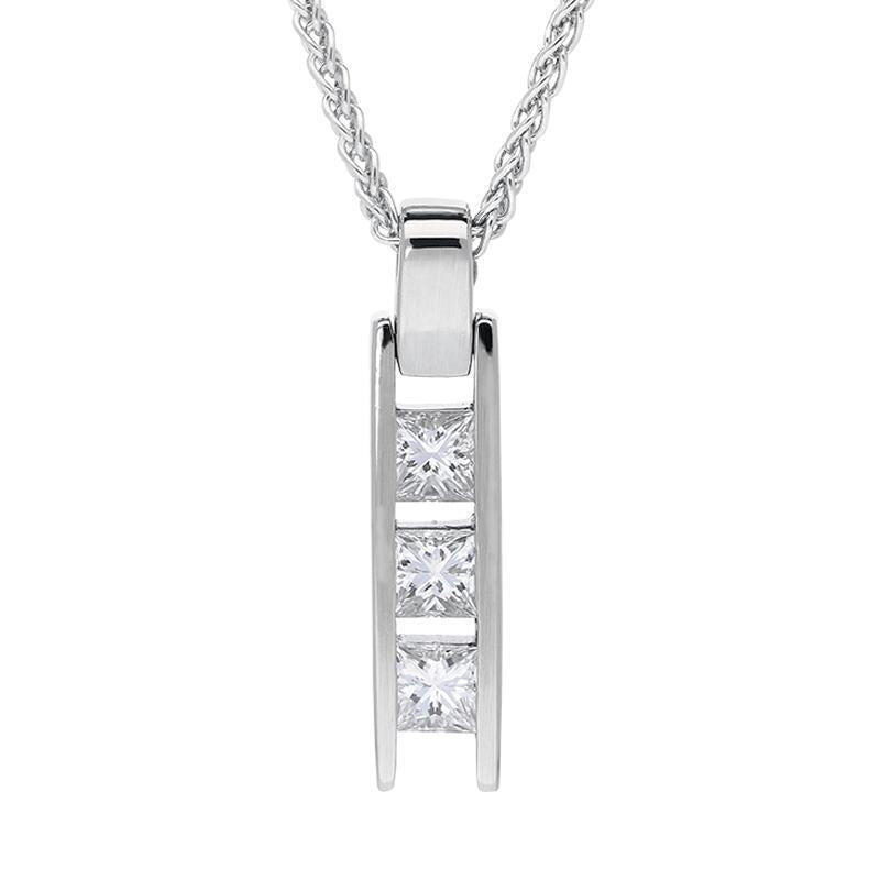 Platinum Diamond Princess Cut Three Stone Bar Necklace