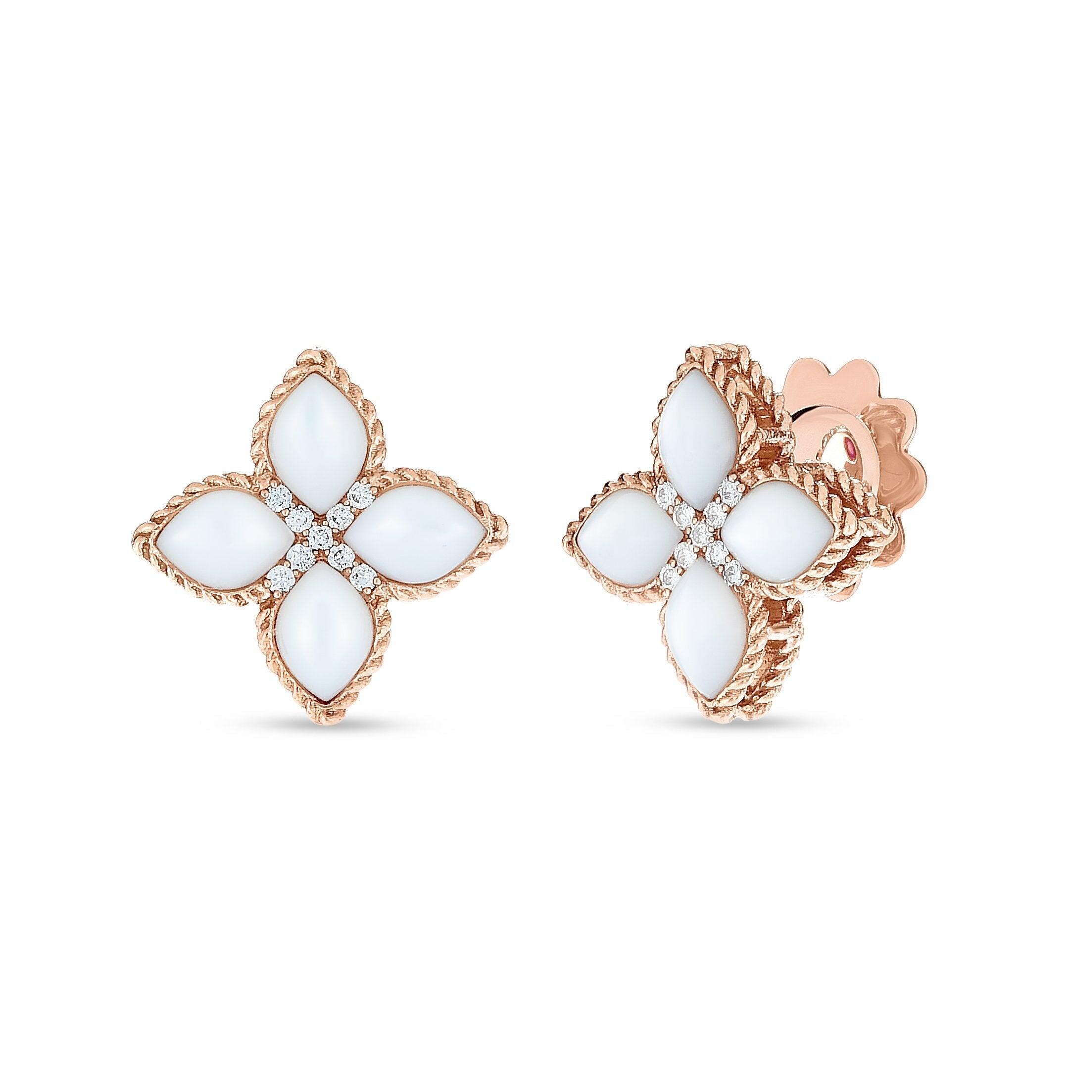Roberto Coin Princess Flower 18ct Rose Gold Diamond Mother of Pearl Stud Earrings