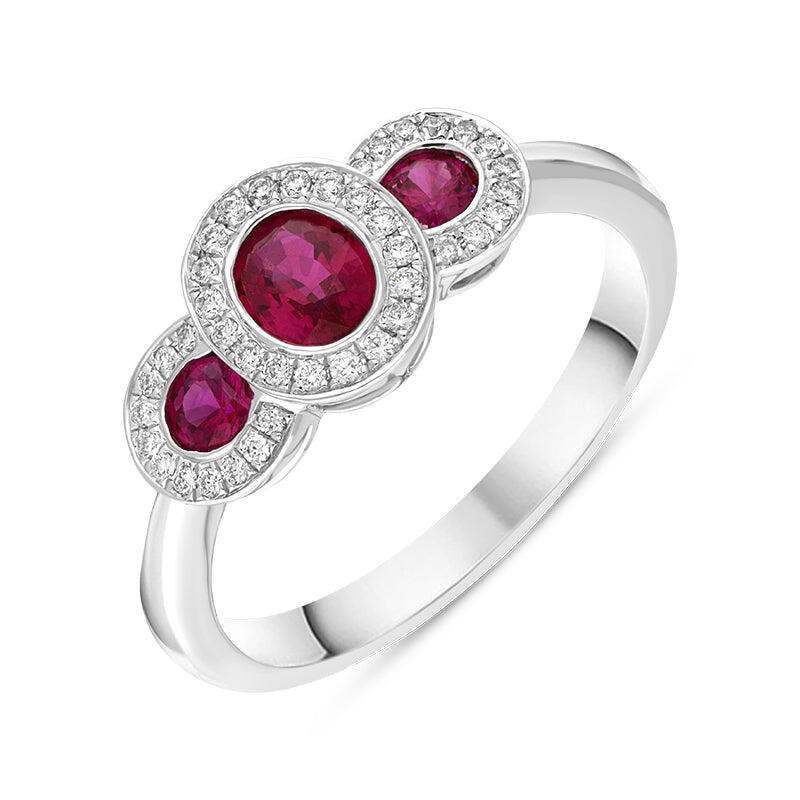 18ct White Gold Ruby Diamond Pave Oval Cluster Ring