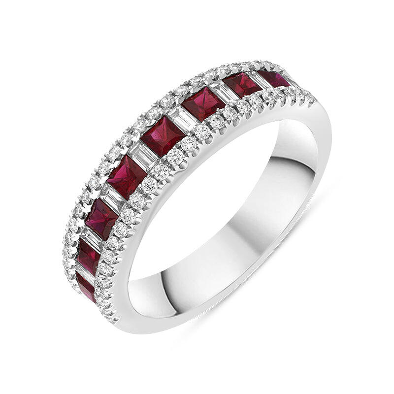 18ct White Gold Ruby Diamond Square and Baguette Cut Half Eternity Ring