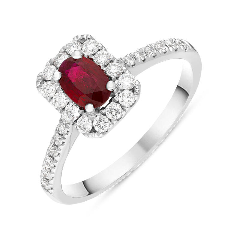 18ct White Gold Ruby Diamond Oval Cut Vintage Style Cluster Ring