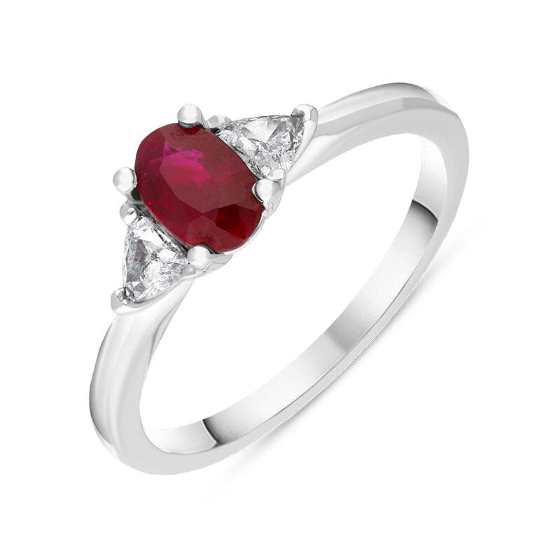 18ct White Gold Ruby Diamond Oval and Pear Cut Three Stone Ring
