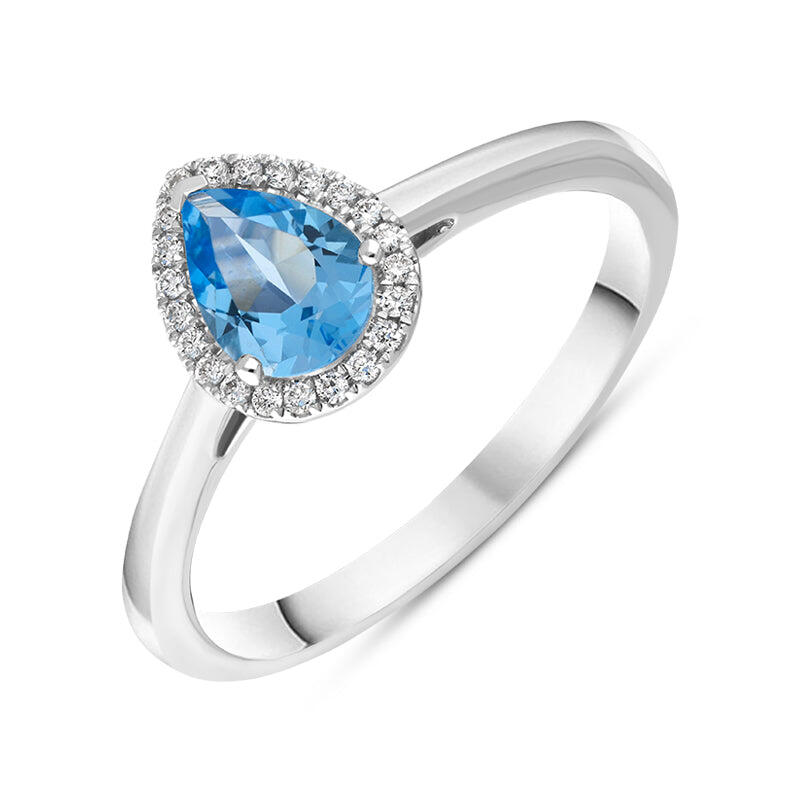 18ct White Gold Blue Topaz Diamond Pear Cut Halo Ring