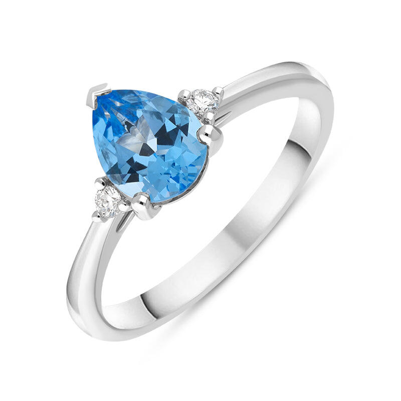 18ct White Gold Blue Topaz Diamond Pear Cut Three Stone Ring