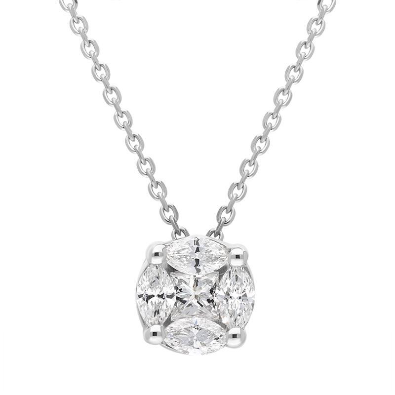 18ct White Gold Diamond Princess and Marquise Cut Round Cluster Necklace