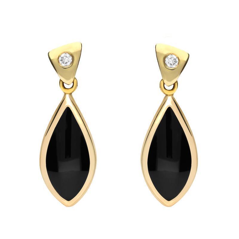 18ct Yellow Gold Whitby Jet Diamond Pointed Pear Drop Earrings