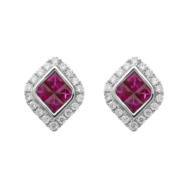 18ct White Gold Ruby Diamond Marquise Cluster Stud Earrings