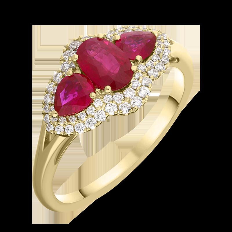 18ct Yellow Gold Ruby Diamond Oval and Pear Cluster Ring