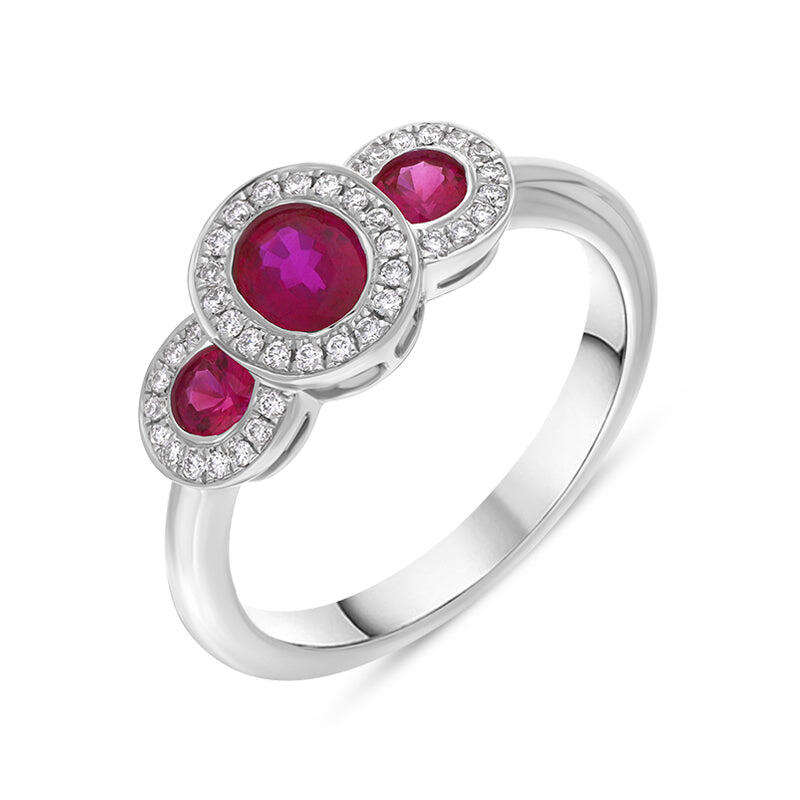 18ct White Gold Ruby Diamond Triple Pave Cluster Ring