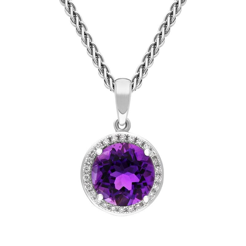 18ct White Gold Amethyst Diamond Round Cluster Necklace