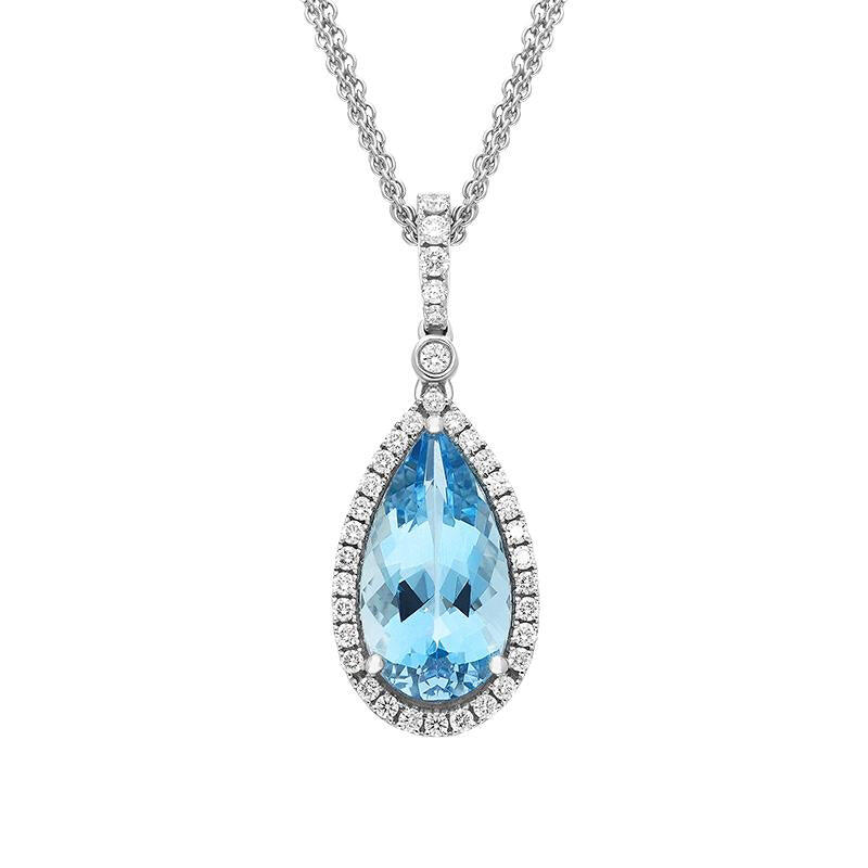 18ct White Gold Aquamarine Diamond Pear Cut Halo Necklace