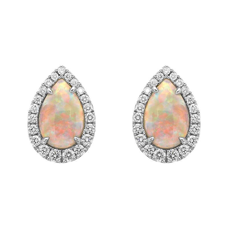 18ct White Gold Opal Diamond Pear Cut Halo Stud Earrings