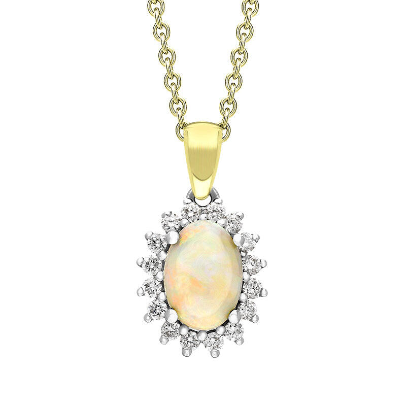 18ct Yellow and White Gold Opal Diamond Oval Cut Cluster Necklace