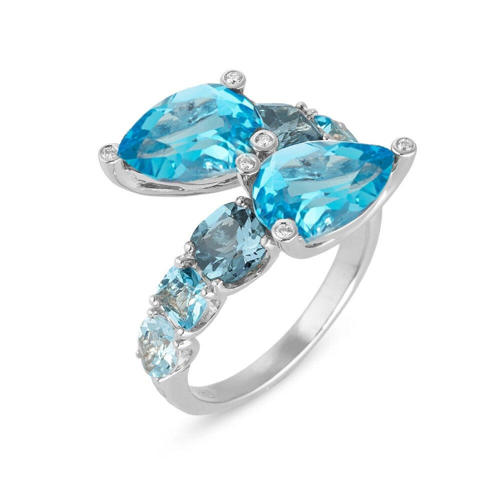 Ponte Vecchio Iris 18ct White Gold Blue Topaz Diamond Crossover Ring