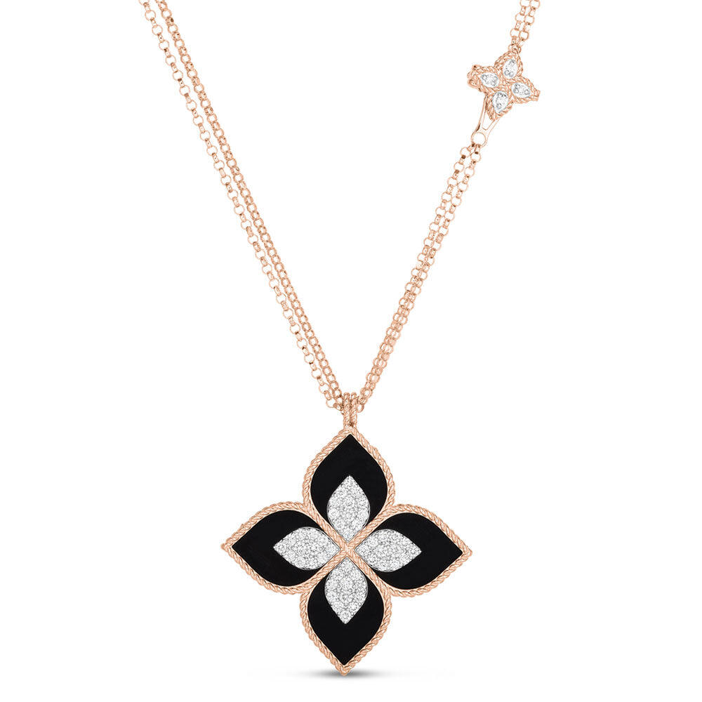 Roberto Coin Princess Flower 18ct Rose Gold 0.76ct Diamond Black Jade Necklace - Gold