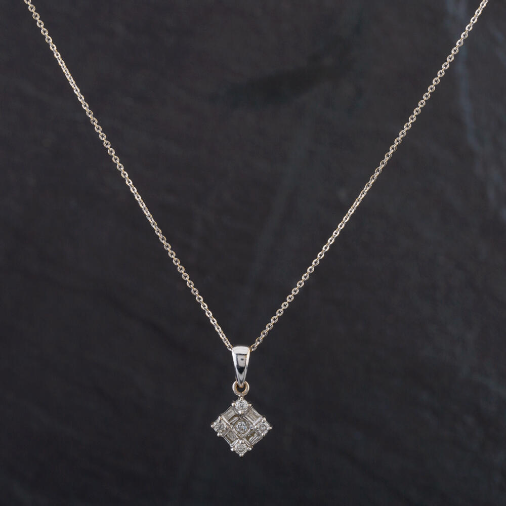 Pre-Owned 18ct White Gold Baguette Square Diamond Pendant &amp; 22 Inch Chain 4139266