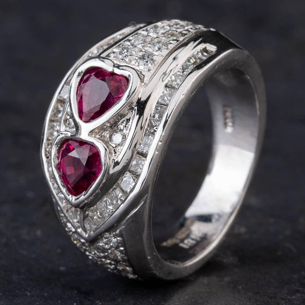 Pre-Owned 18ct White Gold 1.45ct Ruby &amp; 0.61ct Diamond Double Heart Design Pave Set Fancy Ring 4335003