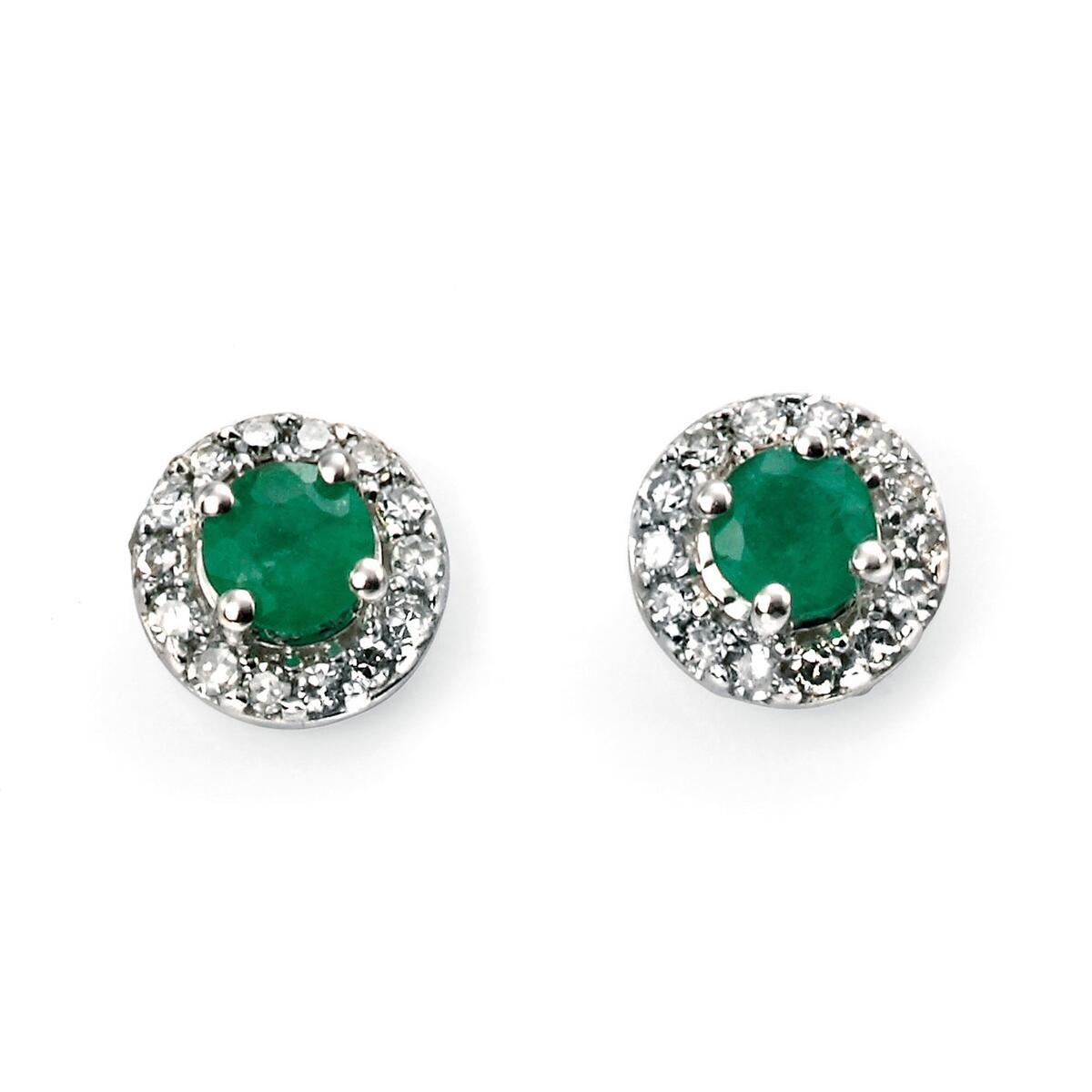9Ct White Gold Emerald Round Earrings With Diamond Edge