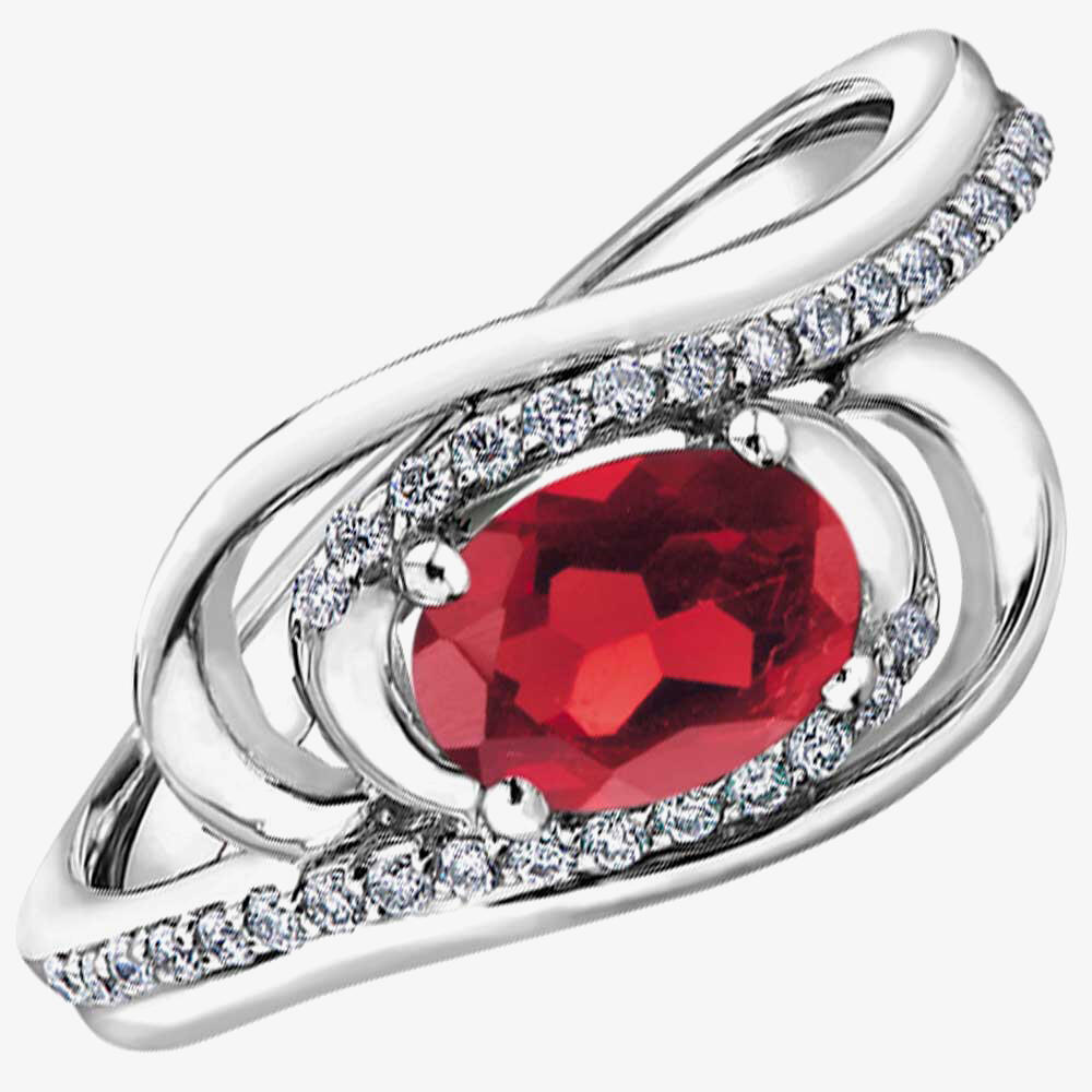 9ct White Gold Oval Ruby and Diamond Swirl Ring 53C71WG-10 RUBY M