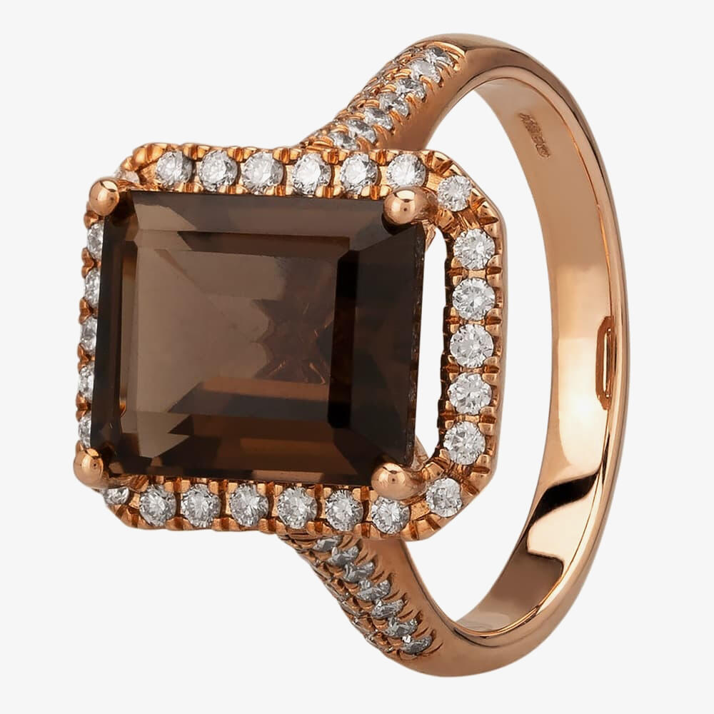 9ct Rose Gold Baguette Cut Smoky Quartz and Round  Diamond Cluster Shouldered Ring R4099-119SM L