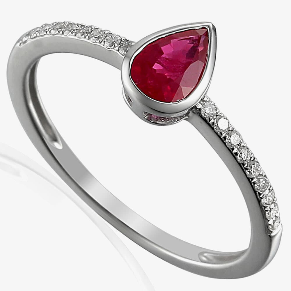 9ct White Gold Pear Ruby and Diamond Shouldered Ring E46614/9-RU P