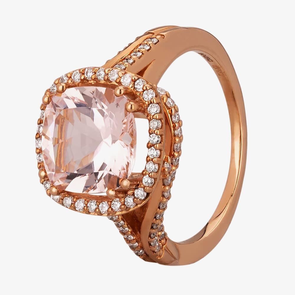 18ct Rose Gold Cushion-cut Morganite and Diamond Cluster Twist Ring R305896MG R M