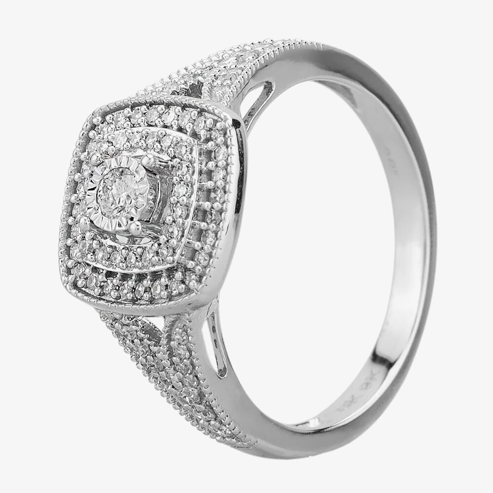 9ct White Gold 0.33ct Diamond Split Shouldered Cushion Cluster Ring THR23794-33 L