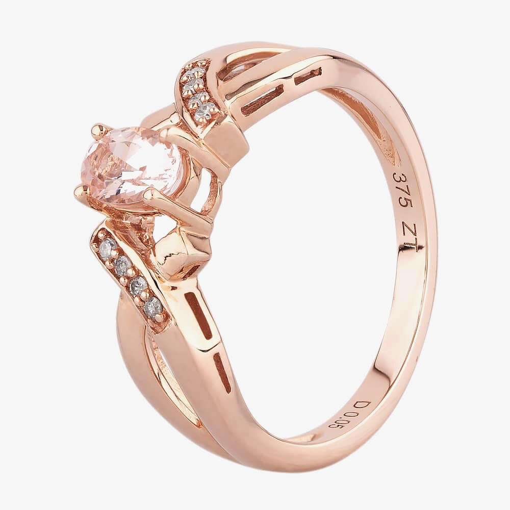 9ct Rose Gold Oval Morganite Solitaire Diamond Cross Over Shoulder Ring OJS0015R R