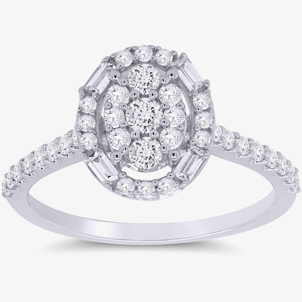 9ct White Gold 0.65ct Diamond Baguette and brilliant Halo Cluster Ring DR1687-9KW-JK/I1 L