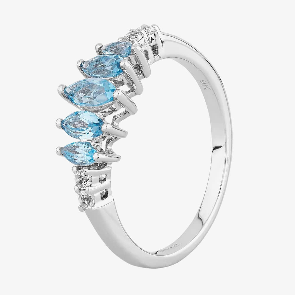 9ct White Gold Graduated Marquise Blue Topaz Ring BSR10640SBT N