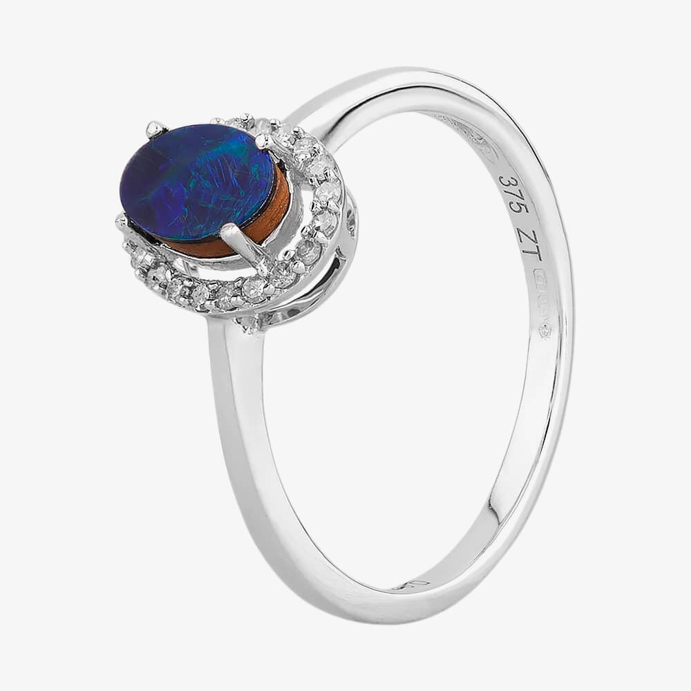 9ct White Gold Oval Opal Diamond Halo Ring OJS0004R T