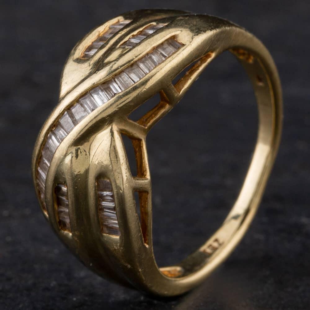 Second Hand 9ct Yellow Gold Baguette Cut Diamond Cross Over Design Fancy Ring 4138793