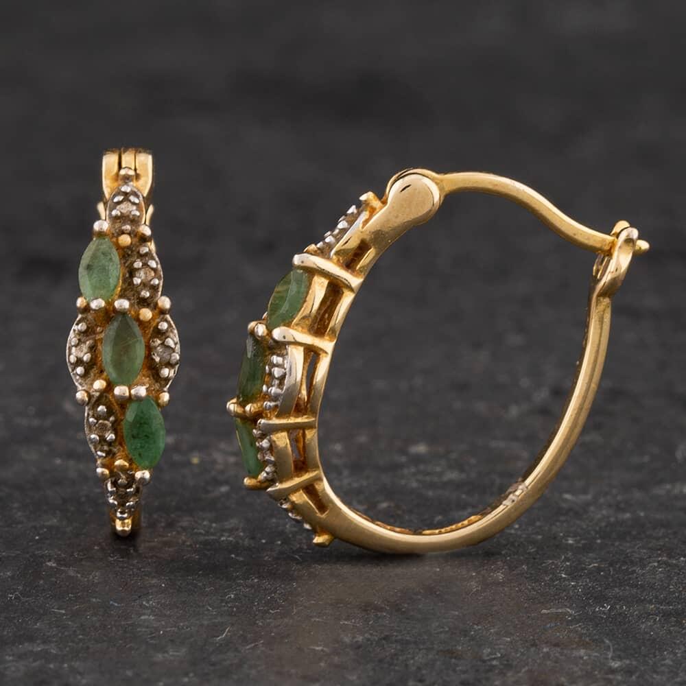Second Hand Mixed Metal Emerald &amp; Diamond Gold On Silver Hoop Earrings 4125006