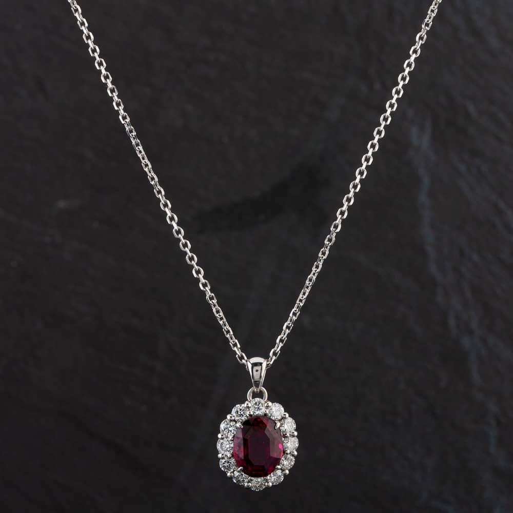 Second Hand Platinum Rubellite &amp; 1.04ct Brilliant Cut Diamond (approx.) Oval Cluster Necklet Pendant &amp; Trace Chain 4314049