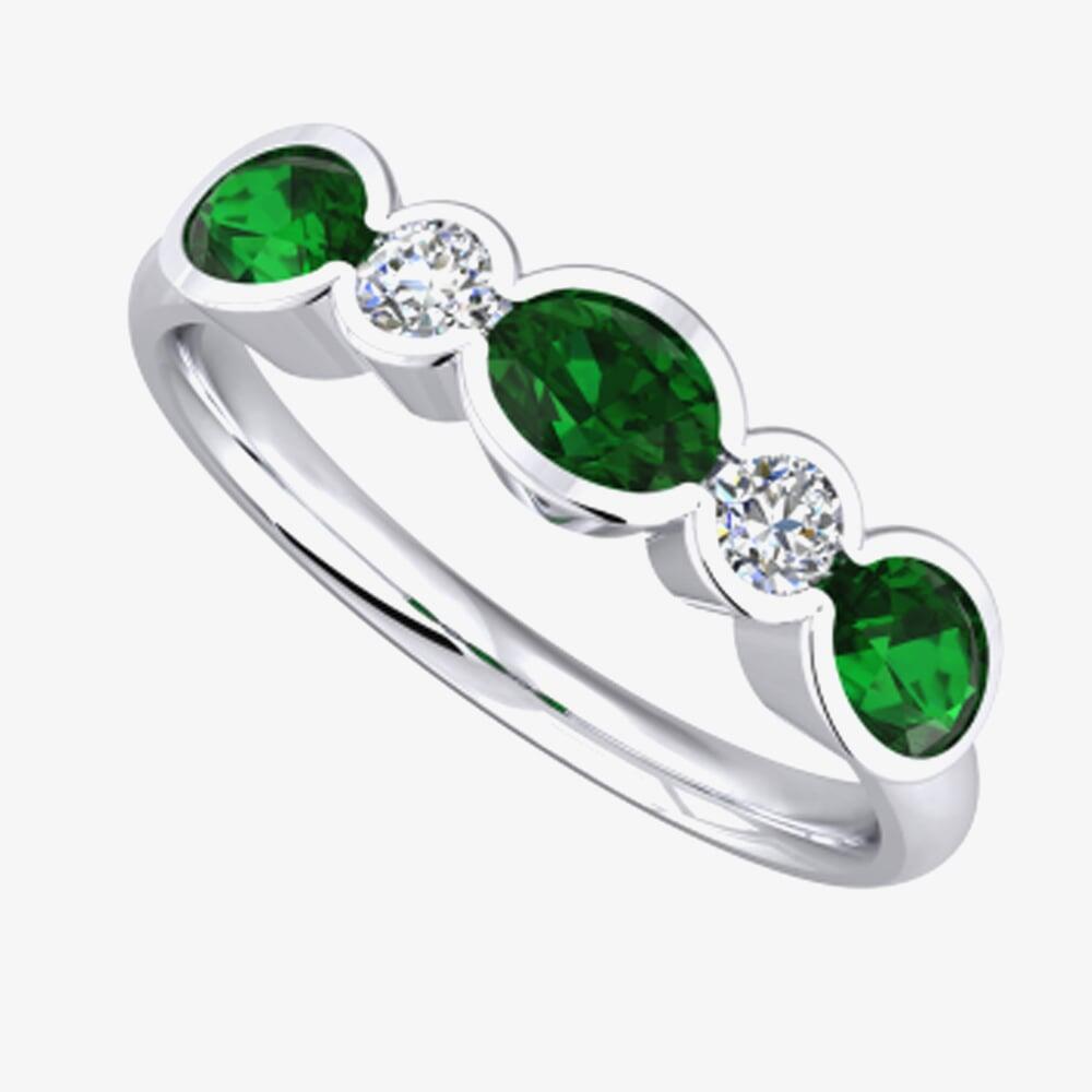 9ct White Gold Emerald &amp; Diamond Rubover Half Eternity Ring 8910/9Y/DQ10E M